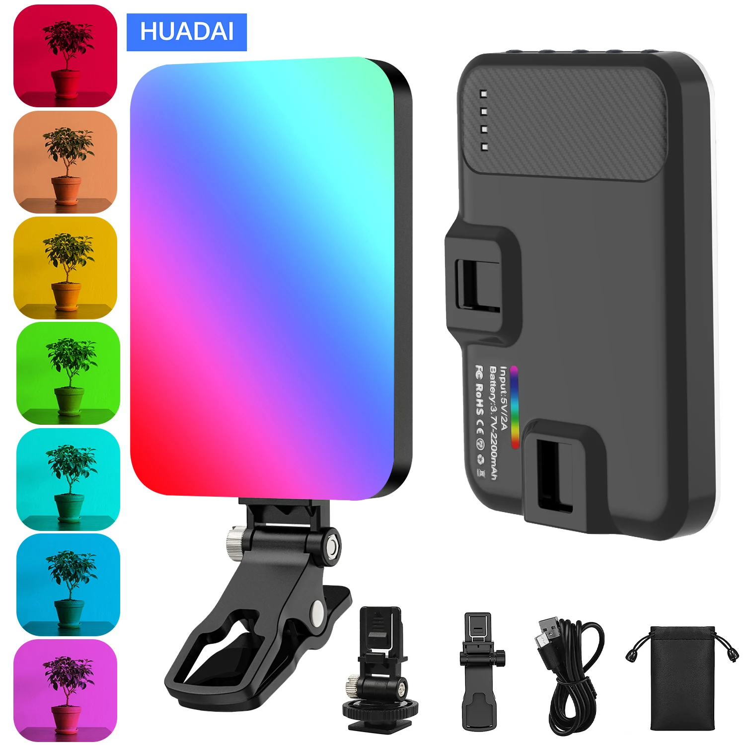 Luz de vídeo RGB HUADAI, 360 ° Luz LED para cámara con luz para selfies a todo color CRI 97+/20 modos de escena/fotografía portátil recargable