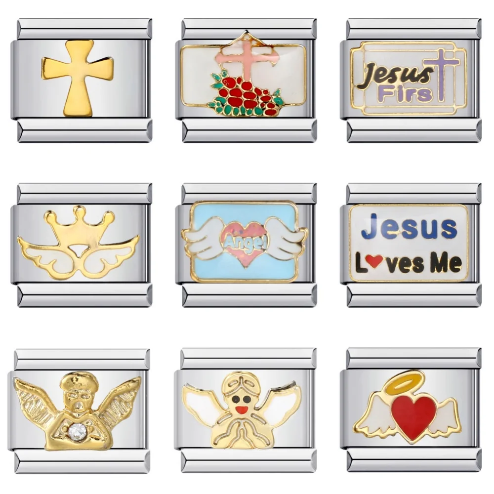 URING Mode Glasur Winkel Flügel Kreuz Jesus Mode Charms Italienische Links 9mm Armbänder Armreif Edelstahl DIY Herstellung Von Schmuck – Detail 1