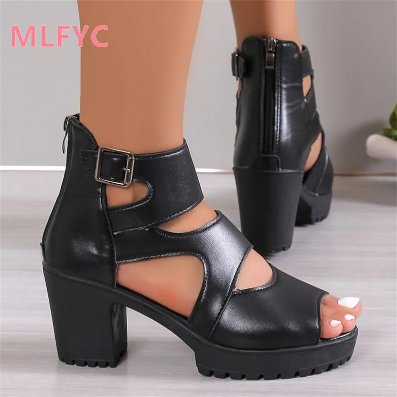 New Hollow Fish Mouth Roman Shoes Women\'s Sandals Thick Heel Thick Sole Short Boots Waterproof Platform High Heel Cool Boots