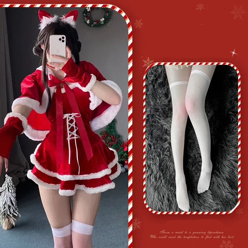 Christmas Cosplay Costume Xmas Red Rabbit Ears Hooded Shawl Suits Festival Theme Party Role Playing Outfits for Adult Women
