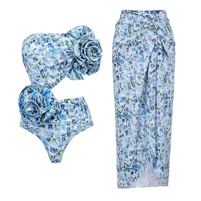 One Piece Swimsuit For Women European And American Swimwear Women's Three-dimensional Flower Decorative Tube Top Hollow Floral B