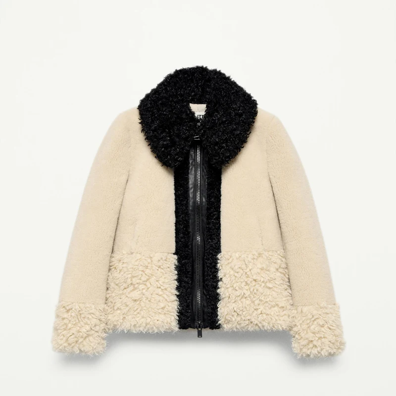 

Women Fashion Winter Warm Splicing Short Jackets Lapel Zipper Coats Date Commuter Female Clothing 2025 New Lady Casual Clothes