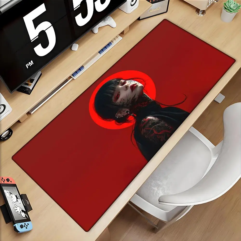 

Anime Cool Japanese Samurai Girl Red Mousepad Large Gaming Mouse Pad LockEdge Thickened Computer Keyboard Table Desk Mat 500x100
