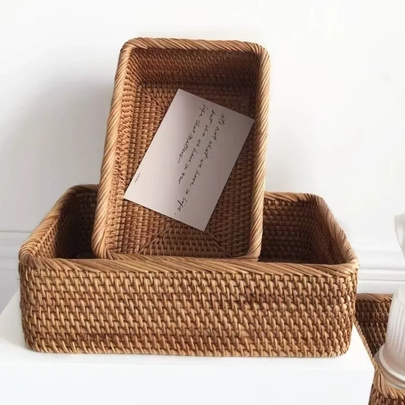Cestas Rectangulares de Mimbre Tejidas de 3 Tamaños, Cestas de Mimbre Hechas a Mano para Decoración, Bandeja para Frutas y Caja de Almacenamiento de Aperitivos