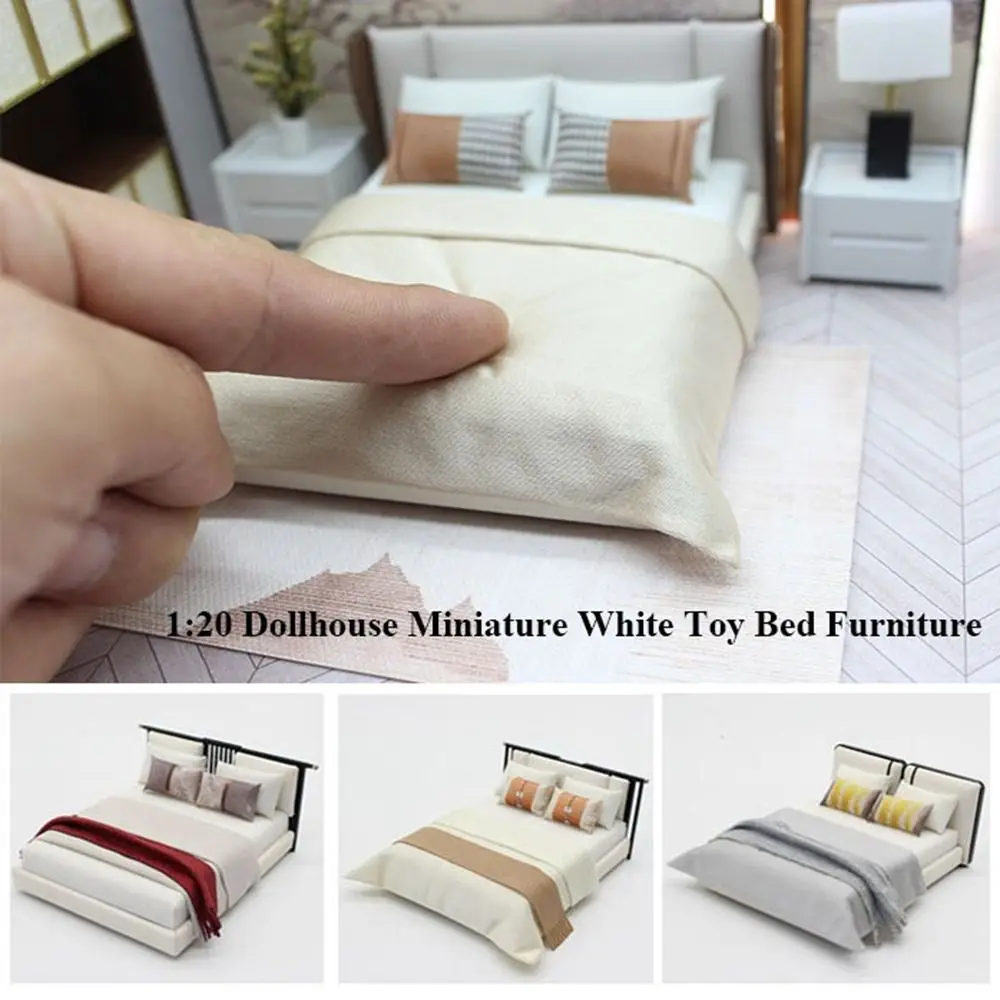 

New 1:20 Dollhouse Miniature Bed Mini DIY White Toy Bed Doll House Bed Dollhouse Decoration