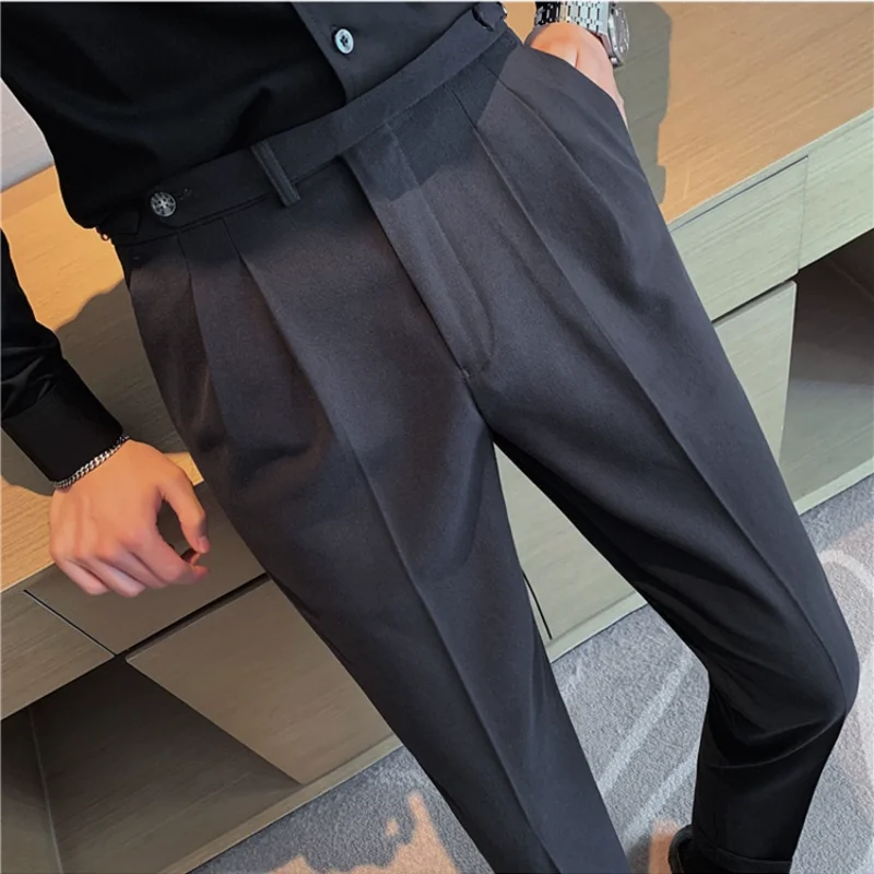 High Quality Men High Waist Suit Pants Fashion All Match Straight Slim Fit Dress Pants Formal Wedding Social Party Male Trousers