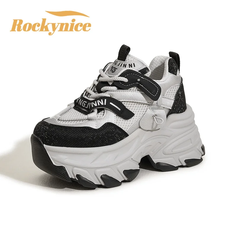 

Кожаные массивные кроссовки из микрофибры с воздушной сеткой 10 см, вулканизированная обувь на высокой платформе и танкетке, осенняя женская повседневная спортивная обувь для папы