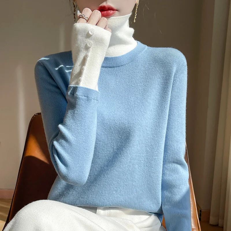 

Women Splicing Color Contrast High Collar Sweater, Close Fitting, Comfort, Matching Color Wool Blend Base Sweater, Autumn Winter