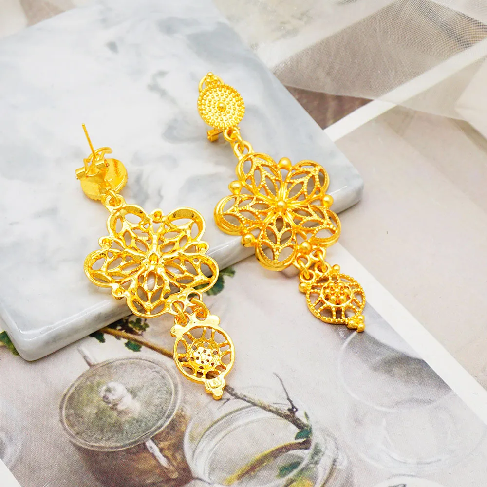 3‑Layer Gold Plated 4Pcs Dubai Middle East Jewelry Set Extra Long Necklace Earrings Bracelet Ring For Women Wedding Banquet