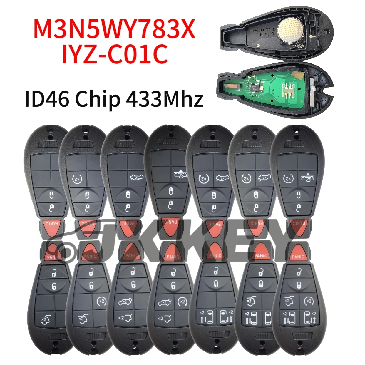 

JXKEY 433Mhz 46chip Remote Car Key Fob M3N5WY783X For Chrysler Town & Country Jeep Grand Cherokee Dodge Caravan Journey IYZ-C01C