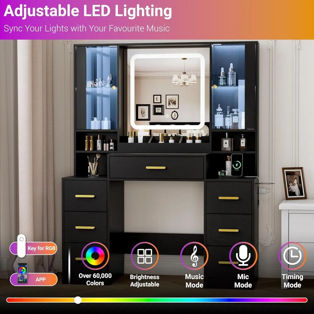 Makeup Vanity Desk with 7 Drawers, 2 Glass Cabinets, Mirror, Lights, Charging Station, Adjustable Shelves, RGB Lighting, Holder view 5