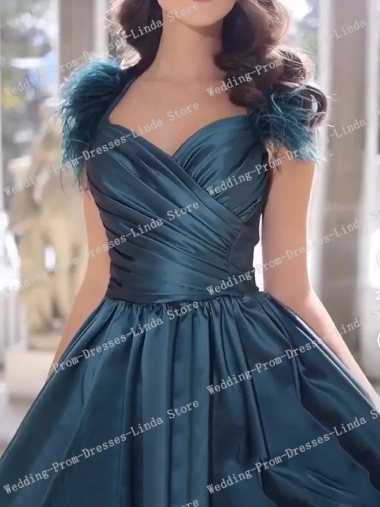 Blue Fashion Evening Dresses A-Line Sweetheart Floor Length Formal Prom Party Gowns Matte Satin Birthday Gowns Feathers