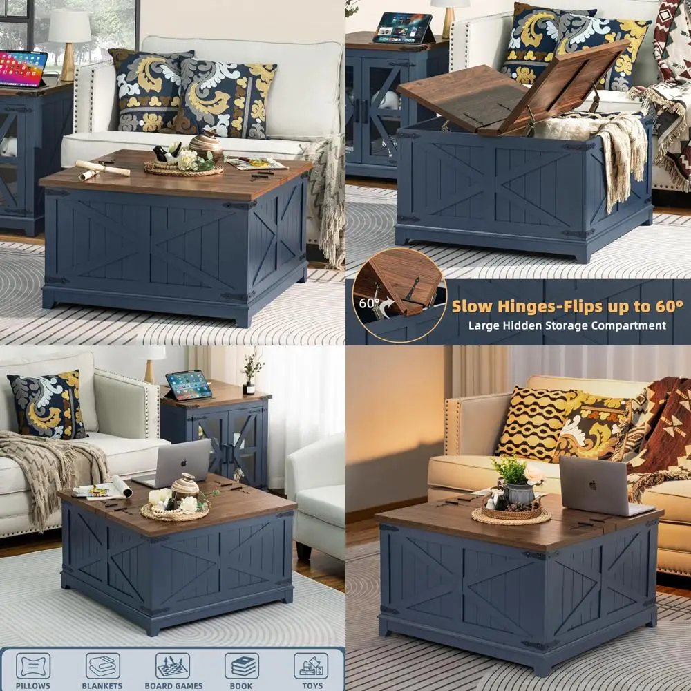 

Modern Farmhouse Coffee Table with Hidden Storage, Large Square Center Table, Wooden Low Navy Blue Living Room Furniture