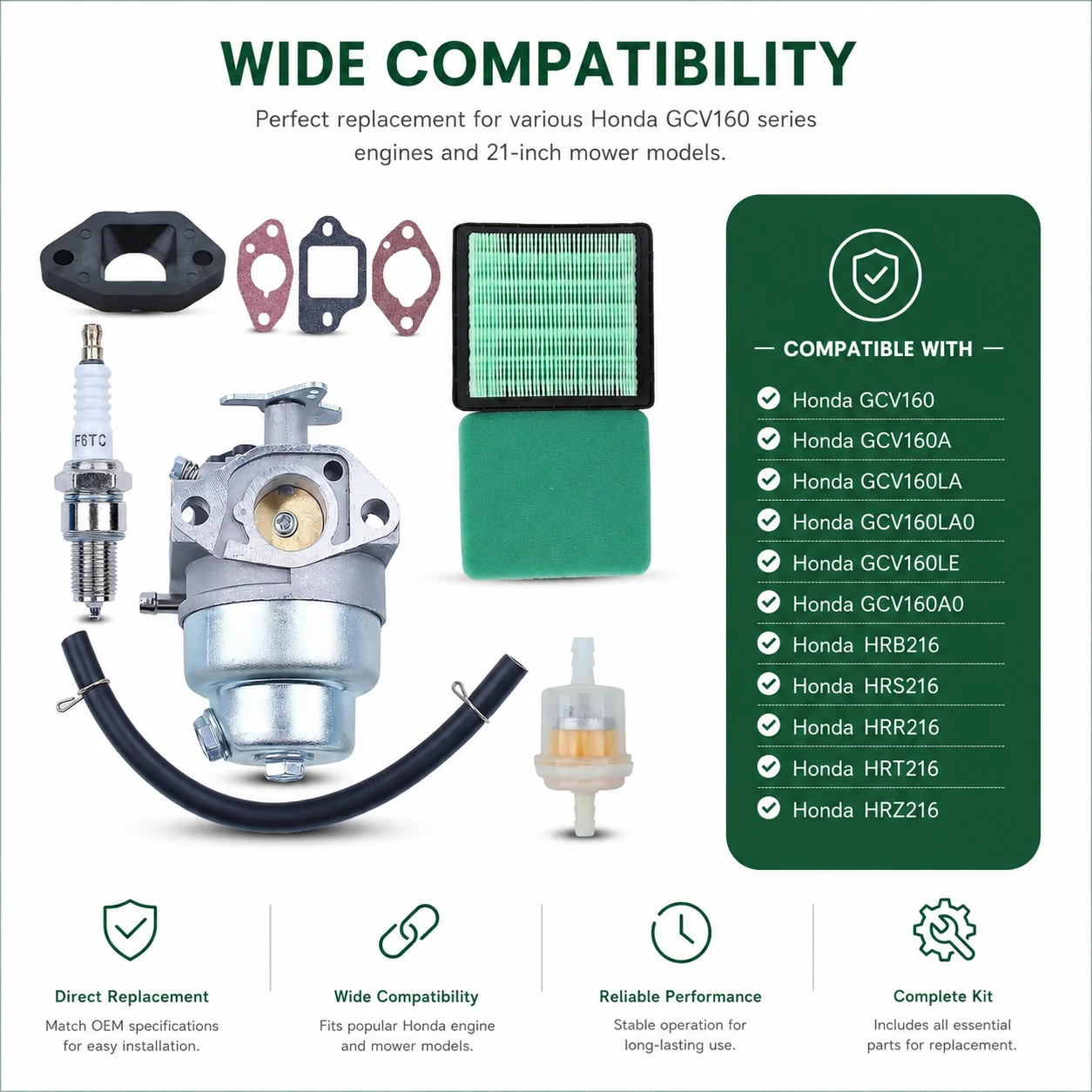 Комплект карбюратора для Honda GCV160 GCV160A GCV160LA HRB216 HRS216 HRR216 с комплектом свечей зажигания и воздушно-топливного фильтра OEM 16100-Z0L-023