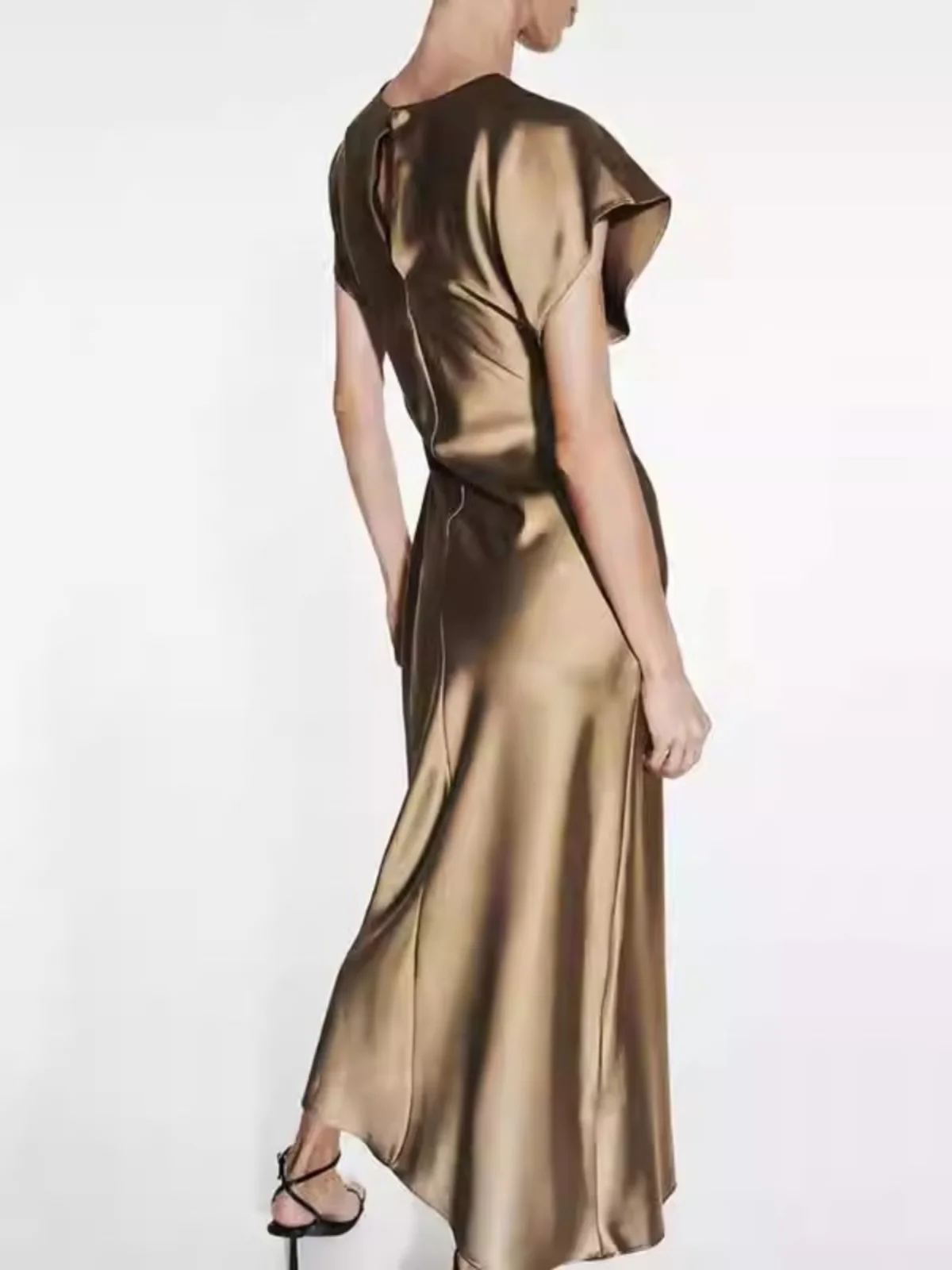 Chic décontracté soie Satin Midi Dr automne nouveau Sle femmes Faionable rue Sle rond Ne ort Sve a-ligne Dr