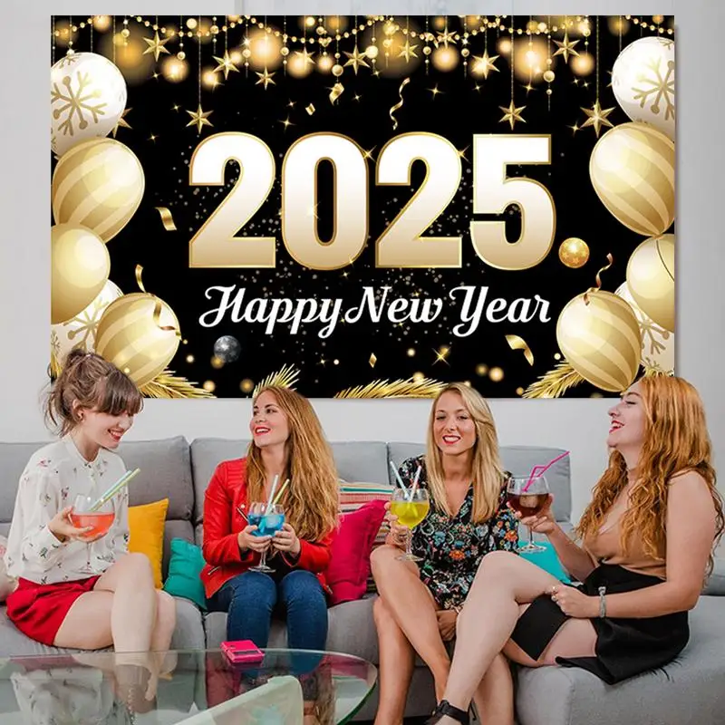 New Year Backdrop 2025 Decorations 2025 Banner Black And Gold Balloon Theme 70 X43 Inches NYE Banner  Parties Decorations