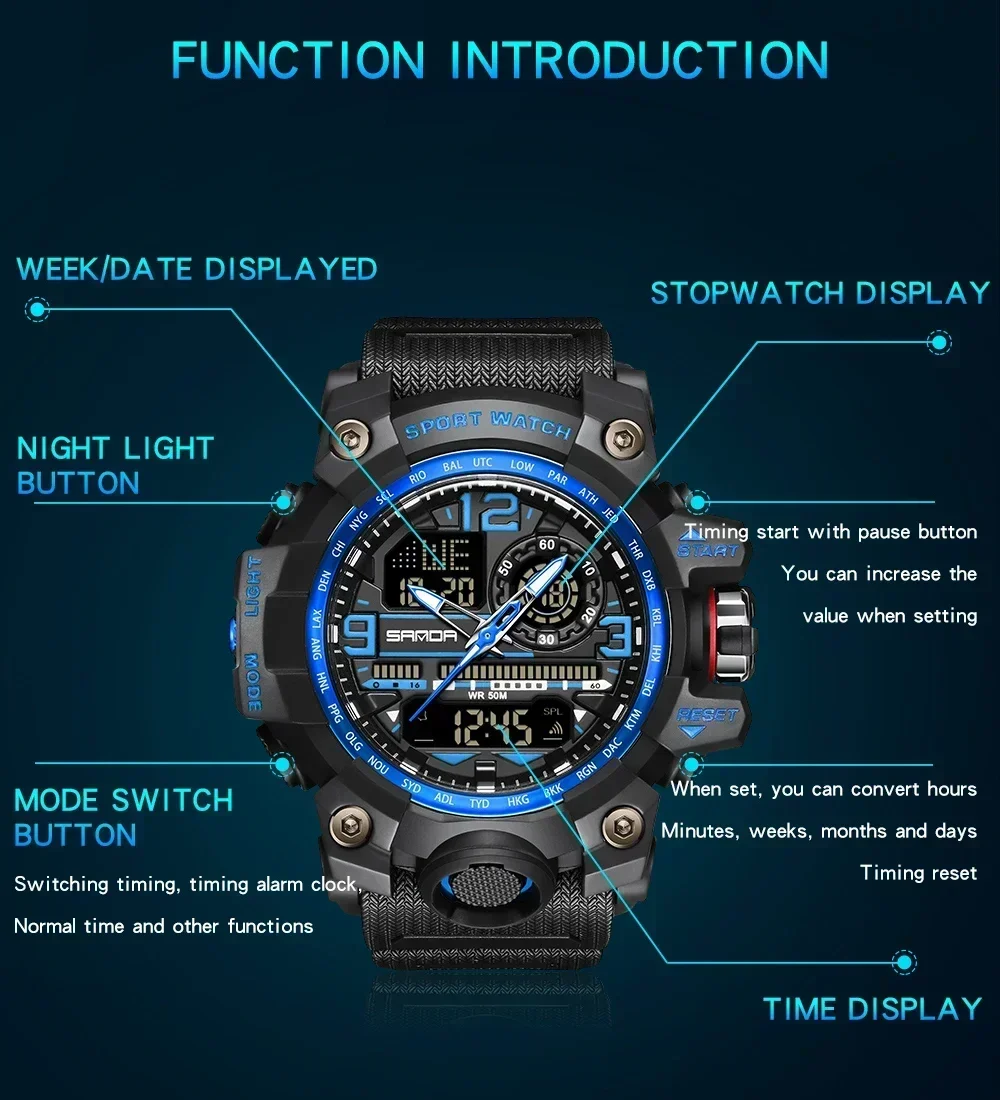 2024 SANDA 3133 G Style New Men's Watches 50M Waterproof Shock Sports Military Quartz Watch For Male Digital Wristwatch