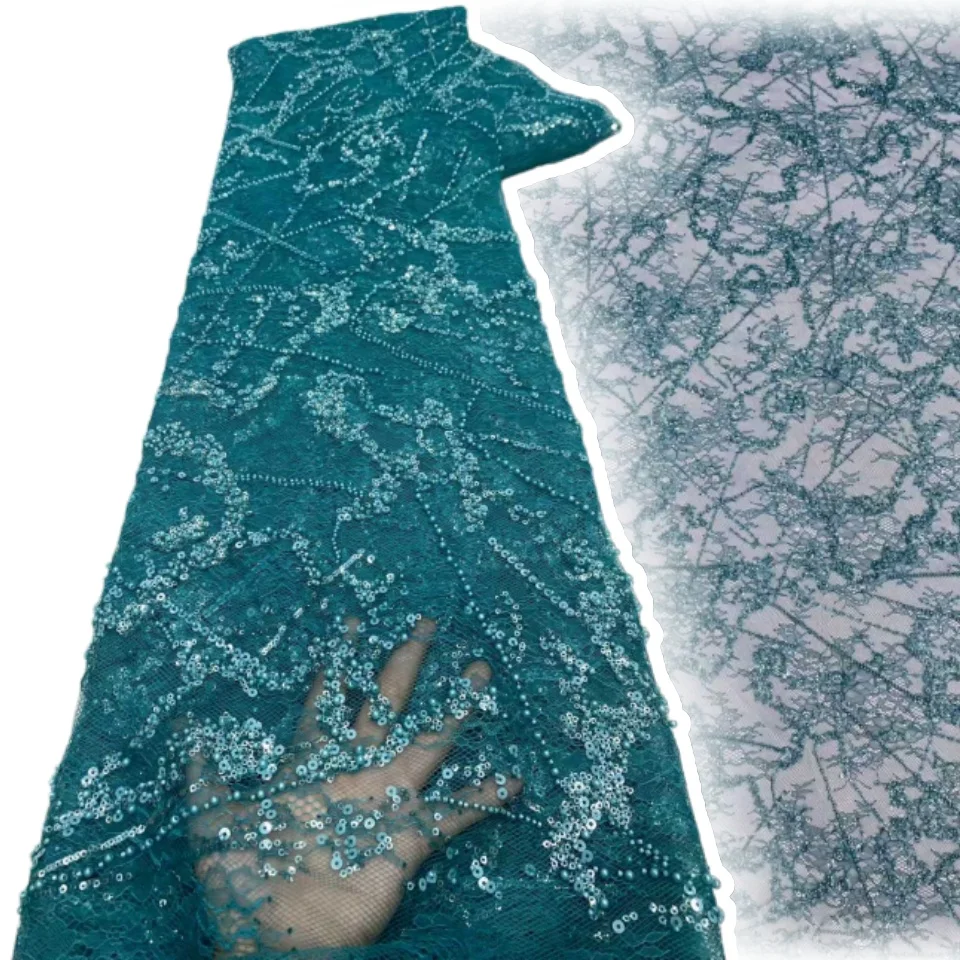 

Blue 5 Yards African Beads Groom Tulle Lace Fabric High Quality Sequins Embroidery French Tulle Laces for Party Sewing 2041