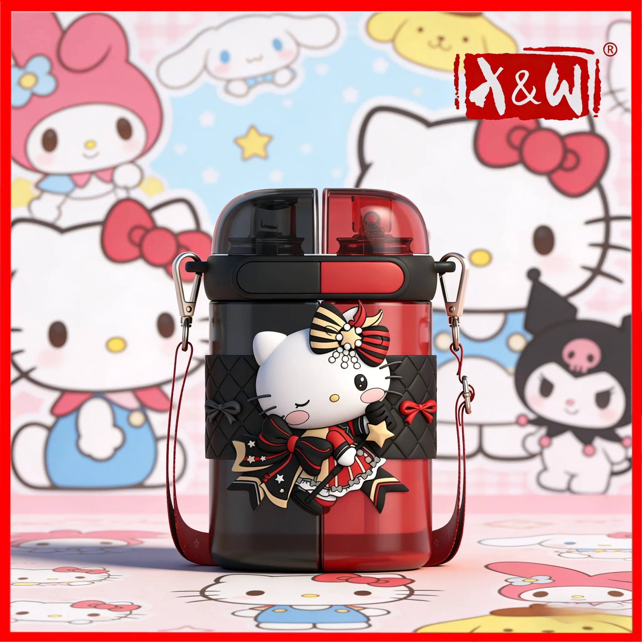 JUSTINLAU 640ML Sanrio Serie Doppeldeckel-Strohhalmbecher Tritan-Becher mit Schultergurt Wasserflasche Tragbarer Dual-Trinkbecher Geschenke