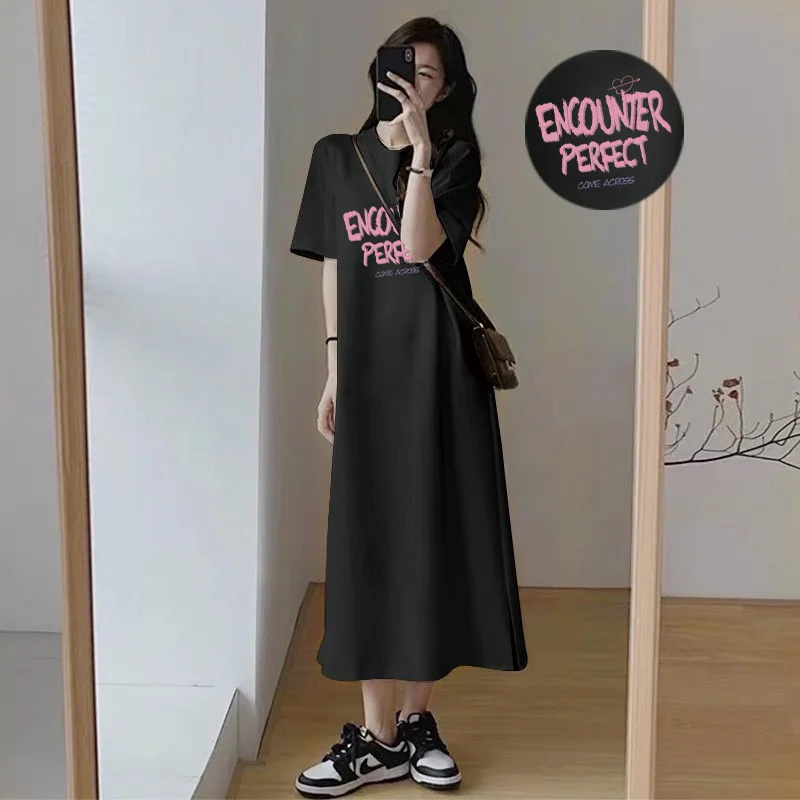 Lässiges ENCOUNTER PERFECT Buchstaben-Print Langes T-Shirt-Kleid für Damen Übergroßes Weiches Baumwoll-Kurzarm-Maxikleid für Tägliche Outfits