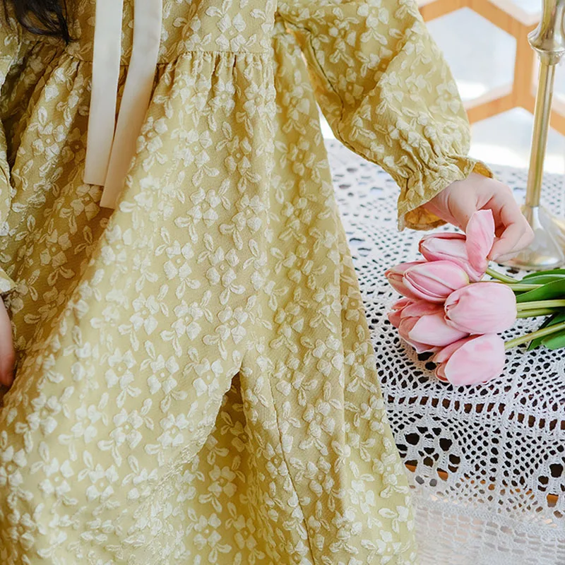 Vintage Jacquard Maxi Girls Dress Kids Long Sleeve Peter Pan Collar French Girls Casual Dresses Cute Lace-up Princess Clothes