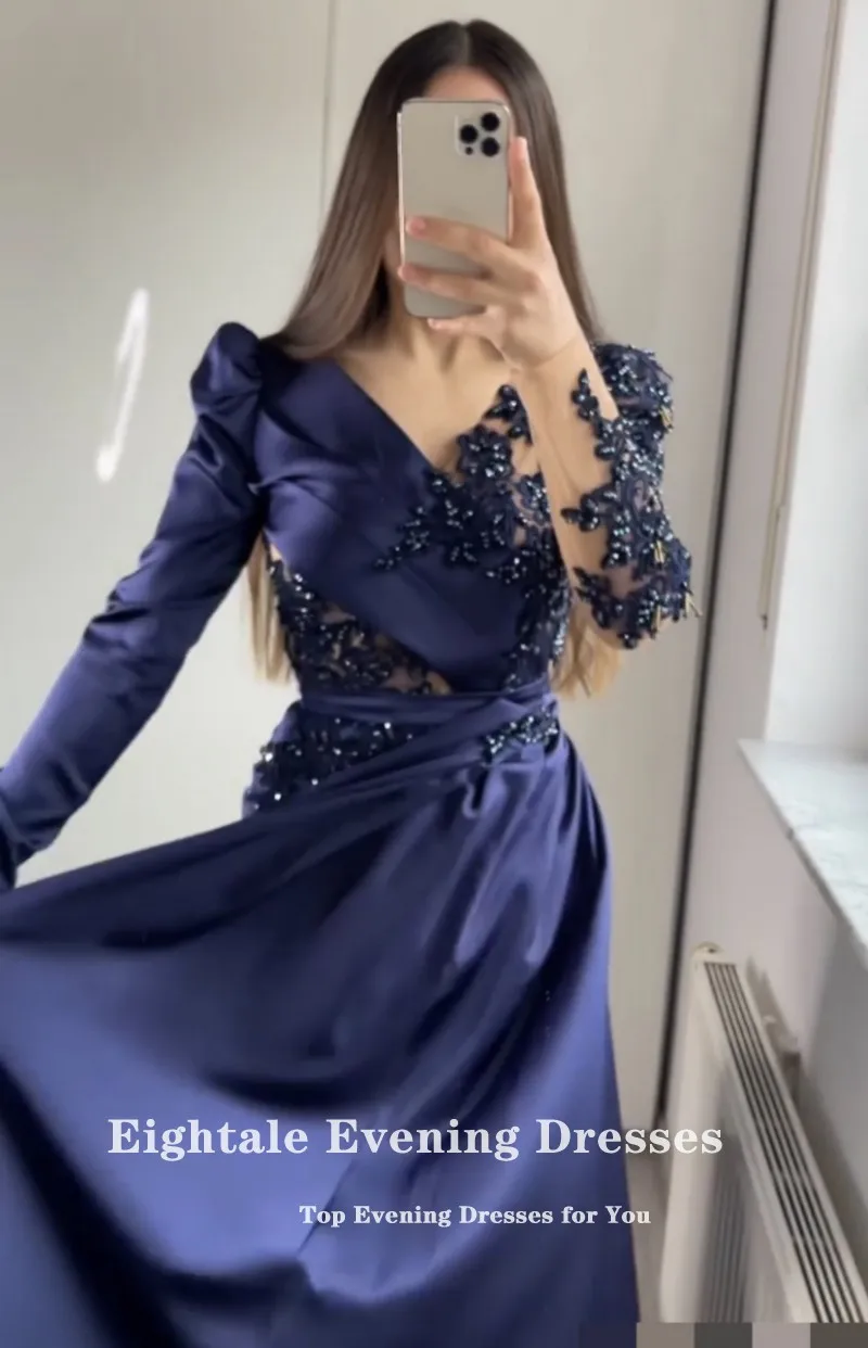 Eightale Blue Evening Dress for Wedding Party Satin Beaded Pearls Long Sleeves Pleats Elegant Mermaid Prom Gowns Celebrity Dress