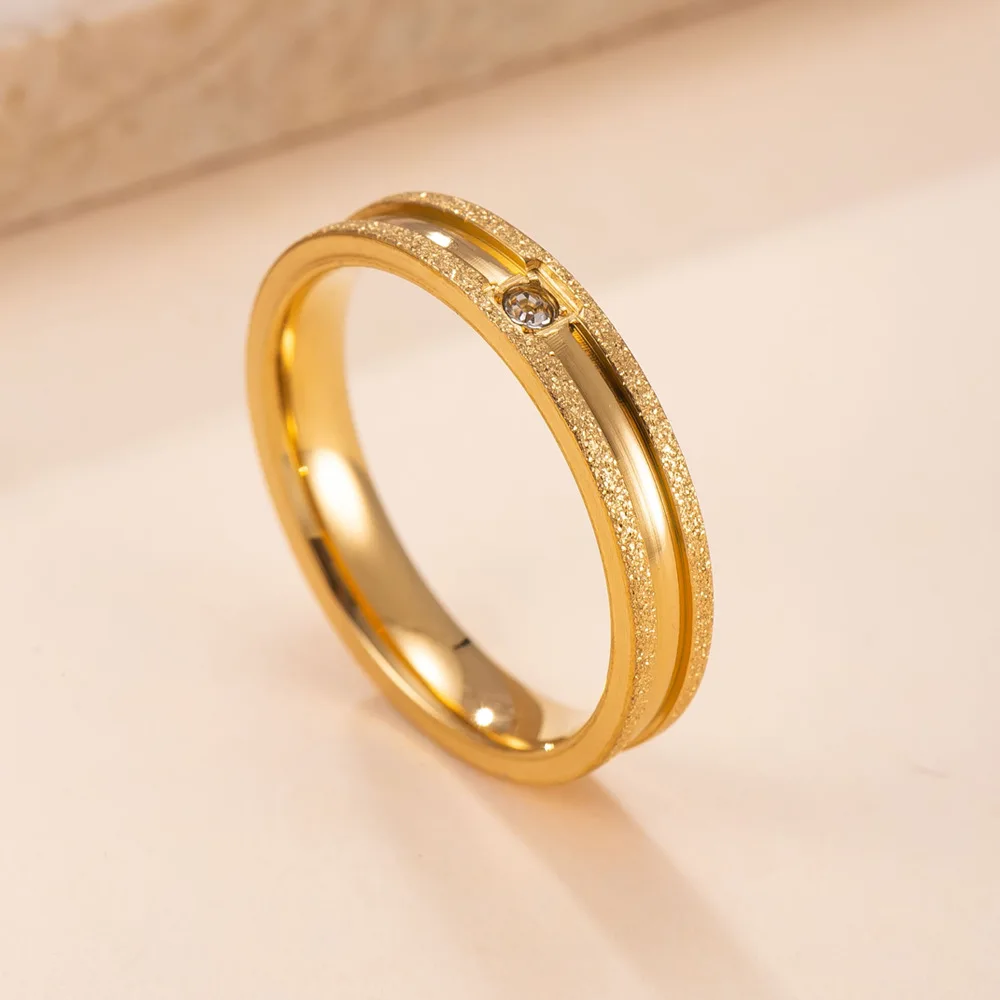 Stainless Steel Frosted Single Zircon Ring for Women PVD Gold Plated Jewelry