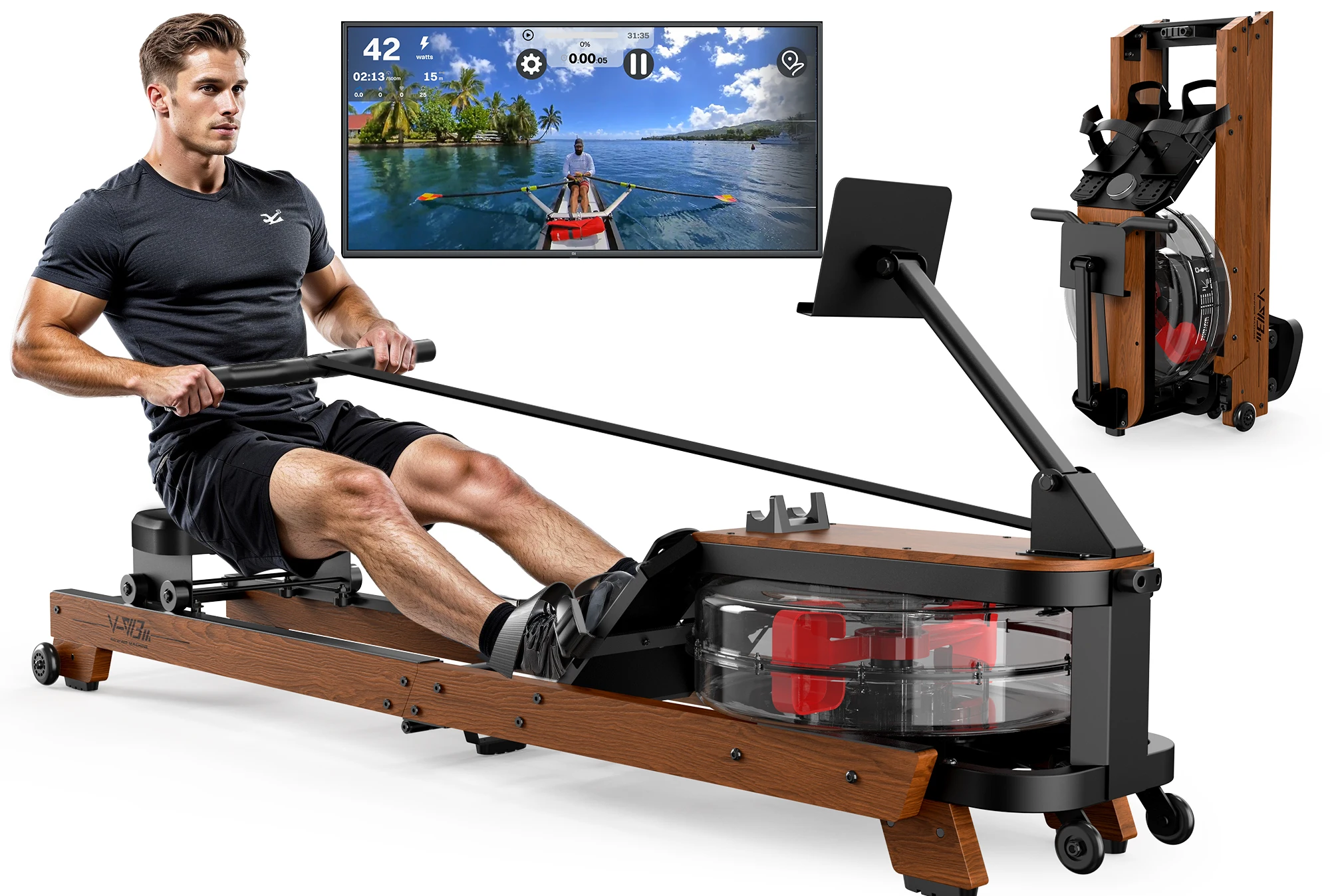 FYSIQ Wasser Rudergerettet ute Zuhause aus Holz Klappbar mit شاشة بلوتوث وحسن الكمبيوتر اللوحي، Comfort-Sitz، Bis 180 كجم Belastbar