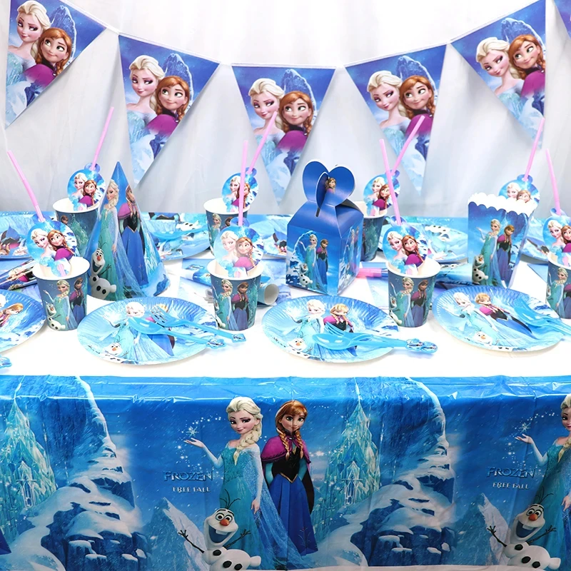 Frozen Elsa Princess Dekoracje urodzinowe Anna Kids Zastawa stołowa Naklejki Pierścionki Bransoletki wielokrotnego użytku Słomki Stempel Materiały