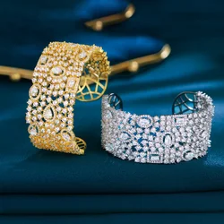 CWWZircons Luxury Statement Chunky Cubic Zirconia Pave Wide Big Bridal Wedding Cuff Bangles for Women Dubai Gold Color BG067