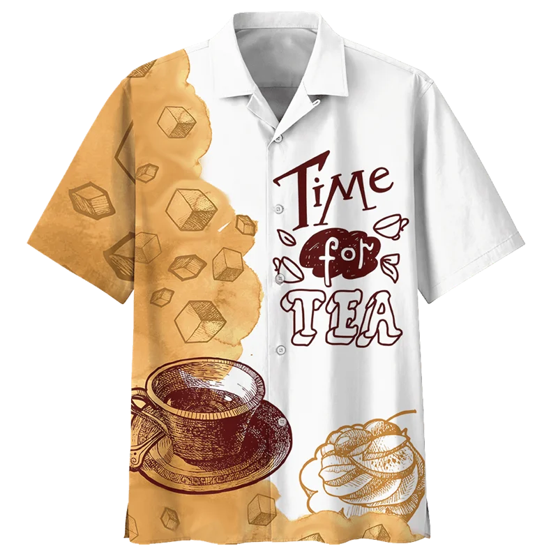 Coffee Lovers Pattern Hawaiian Shirt For Men Retro 3D Printed Short Sleeves Lapel Oversized Shirts Summer Street Button Blouses