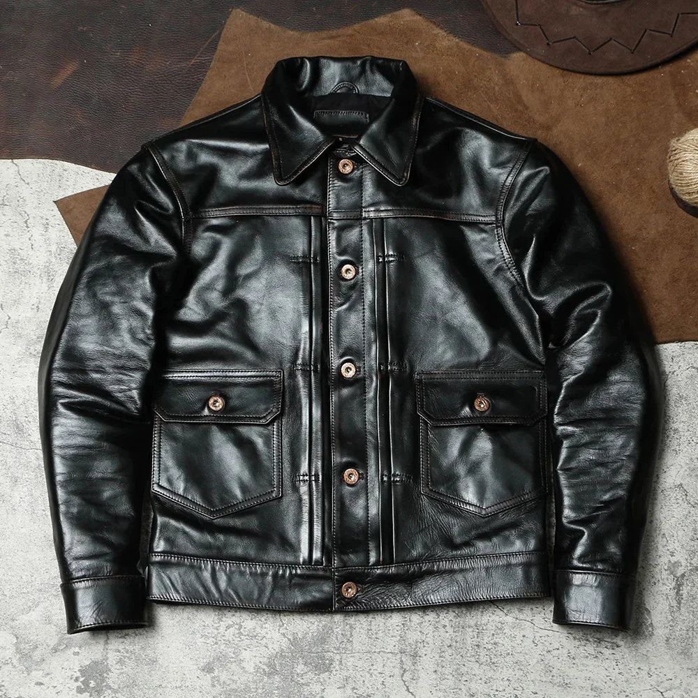 

shipping.US YR!Free Classic casual genuine jacket.Winter men Vintage black horsehide coat.Retro 506 safari leather cloth