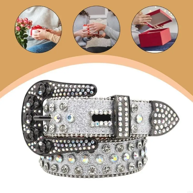 PU Waist Belt with Full Sequins Adjustable Pin Buckle Waist Belt Woman Jeans Skirt Coat Decorative Western Waist Belt