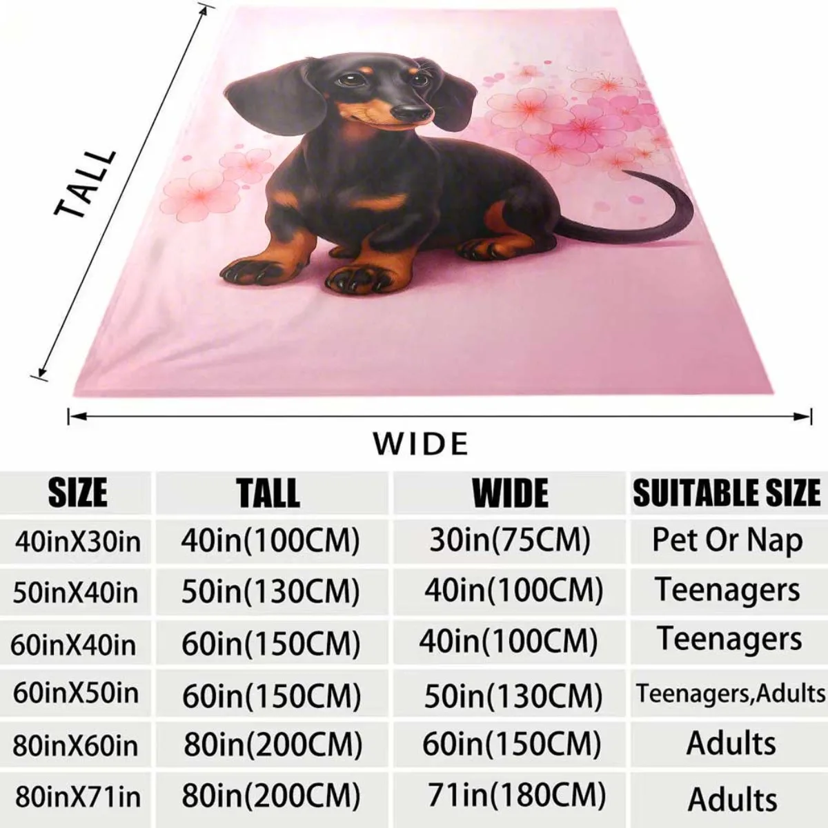 Adorable Dachshund Puppy Floral Flannel Blanket Lightweight Warm Plush Throw Blanket Pink Background Dog Decor Blanket