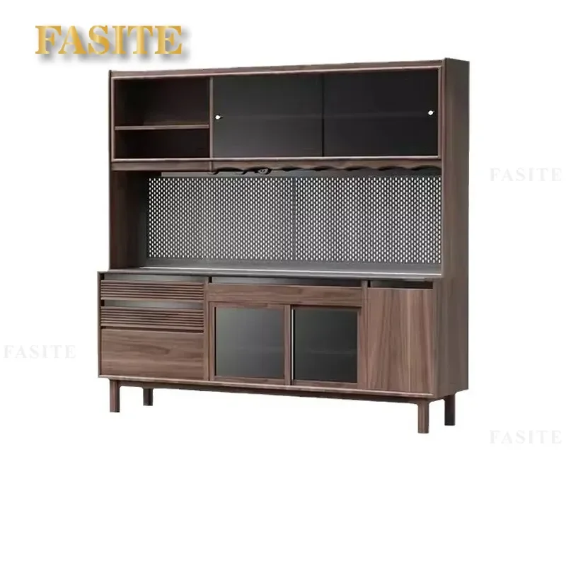 Nordic Black Walnut Dining Sideboard Solid Wood Wine Cabinet Wall Mounted Storage Unit for Living Room Cherry Finish