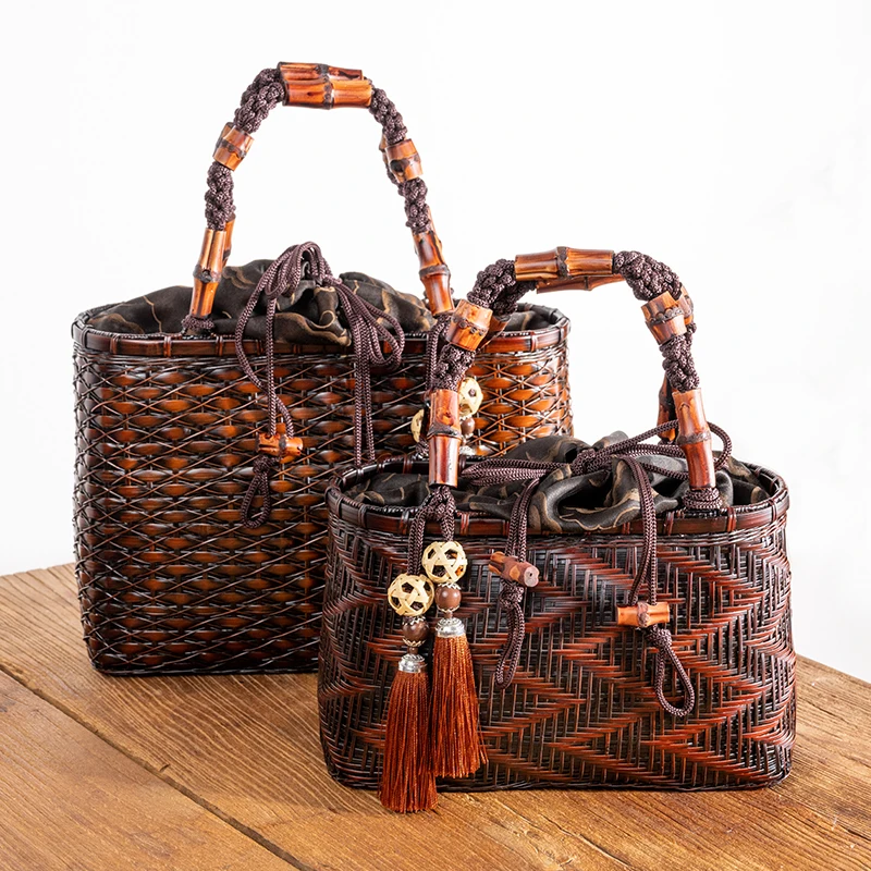 Retro Rattan Bag Hand Woven Bamboo Bag Summer Women\'s Large Capacity Handbag Hanfu Beach Straw Wicker Bags Tea Set Storage Bag