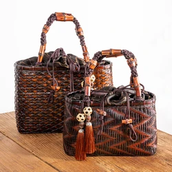 Retro Rattan Bag Hand Woven Bamboo Bag Summer Women's Large Capacity Handbag Hanfu Beach Straw Wicker Bags Tea Set Storage Bag