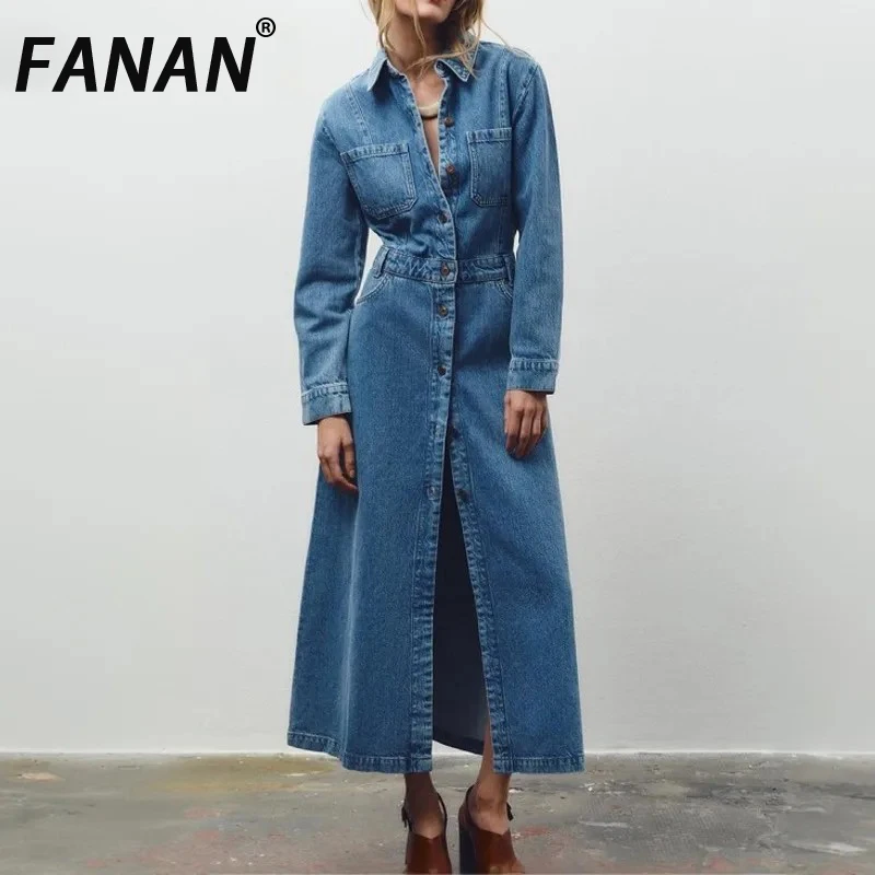 

FANAN 2023, осенний новый женский джинсовый плащ с лацканами и длинными рукавами, однобортный, повседневный, шикарный, длиной миди, темпераментная ветровка