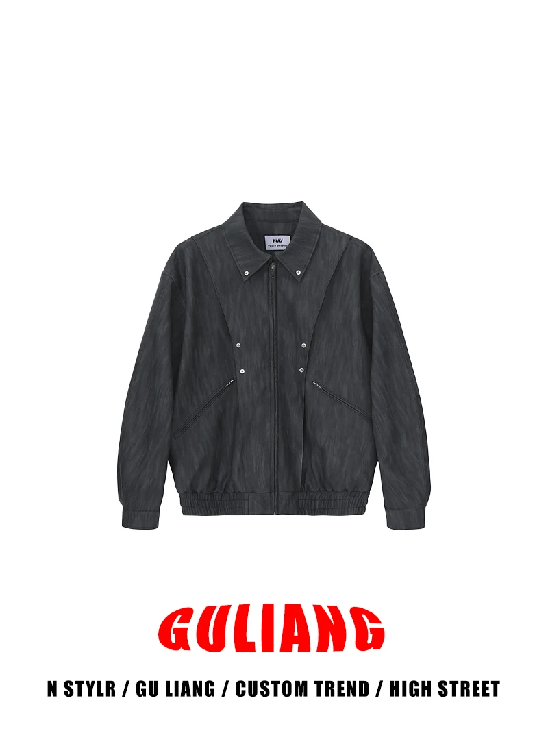 

Guliang American Street Sle Ретро adient Текстура из искусственной кожи Jaet Cleanfit Повседневное пальто с ветрозащитной застежкой-молнией Me...