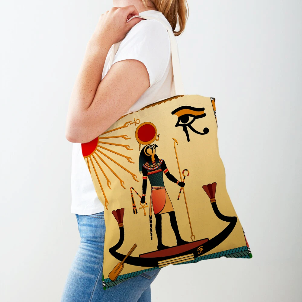 Bolsos de compras del faraón del tótem del Antiguo Egipto, bolso de compras de lona informal, bolsos de mano de viaje reutilizables de dibujos animados de Anubis para mujer