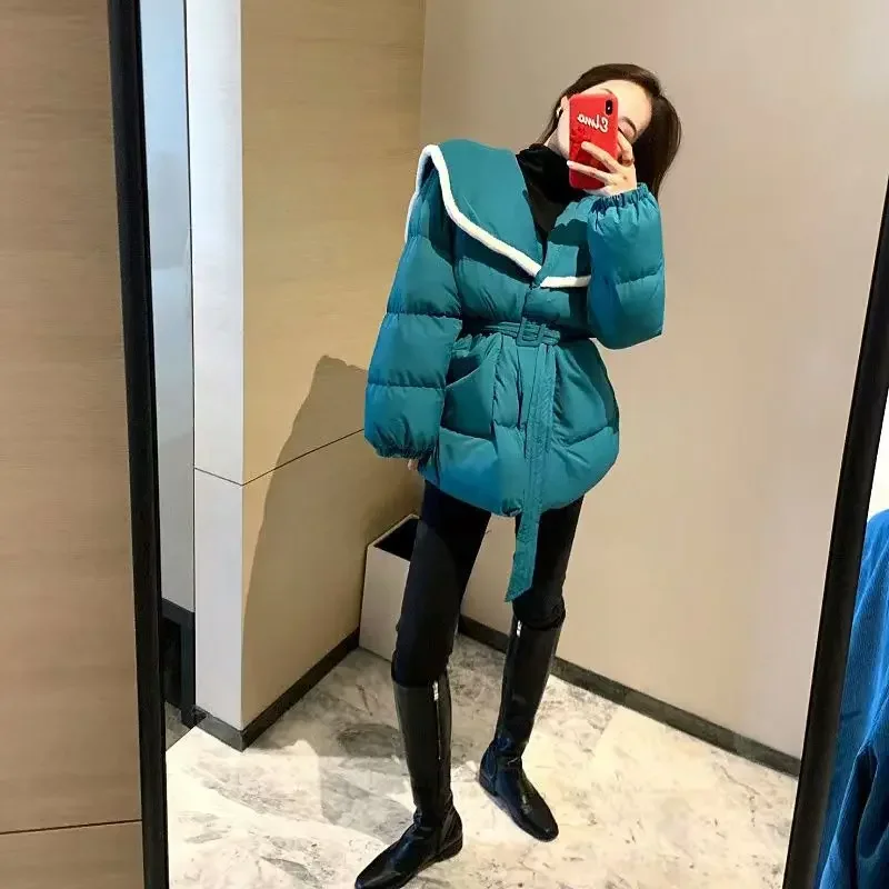 New Fashion Blue Parkas Women Turn Collar Loose Casual Coats Slim Wiast Puff Coat Commuter Student Oversized Parkas with Sashes