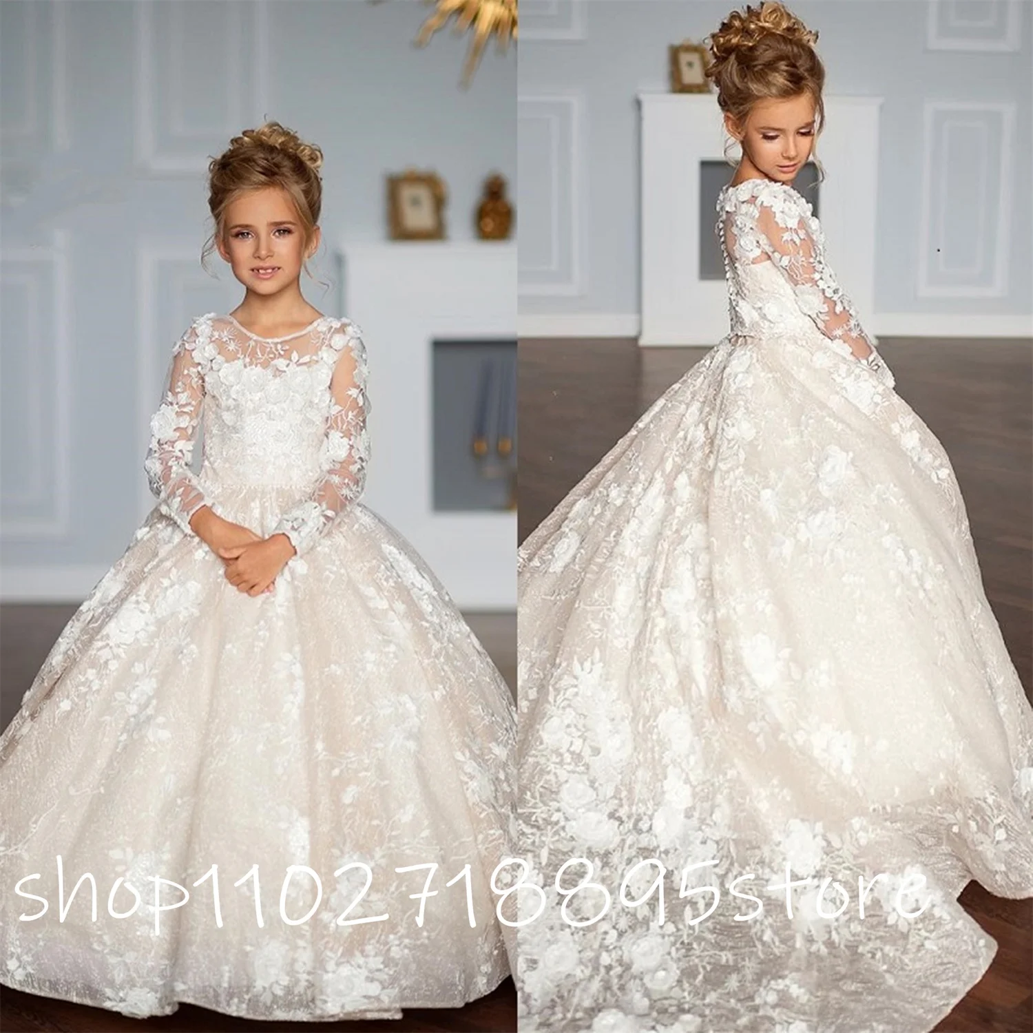 Flower Girl Dress Bows Children's First holy Communion Dress Princess Formal Tulle Ball Gown Wedding Party