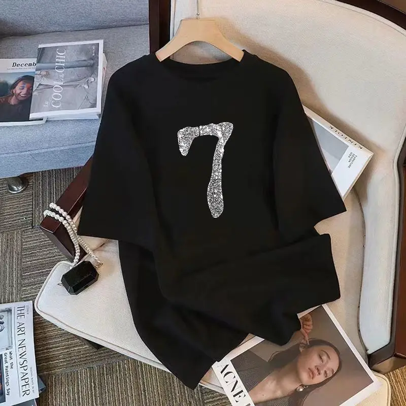 2025 Summer New Black Back Pattern Digital Loose Texture Streetwear Rhinestones Hip Hop Crew Neck Short-sleeved Top
