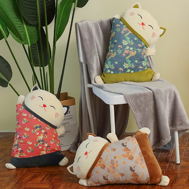 Japanese Style Lucky Cat Pillow Sofa Back Cushion Office Nap Seat Waist Cushion Soft Stuffed Animal Doll Cushion Home Decor Gift