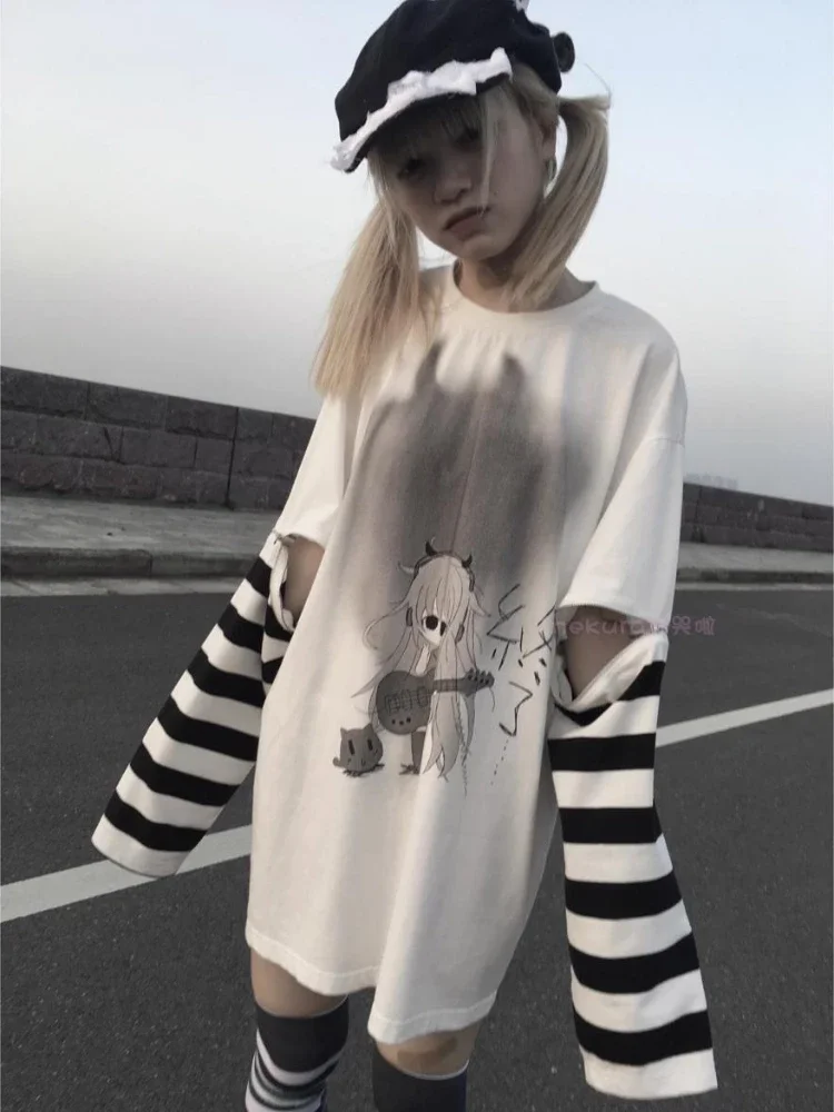 KOSAHIKI Korean Tshirts Harajuku Cartoon Print Punk T-shirt 2024 Women Detachable Long Sleeve Oversized Tops Fashion Graphic Tee