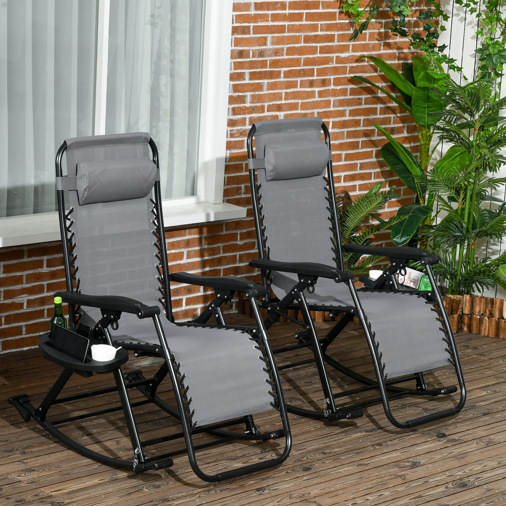 

2 Pcs Folding Zero Gravity Reclining Rocking Chair, Pillow, Cup Holder, Gray