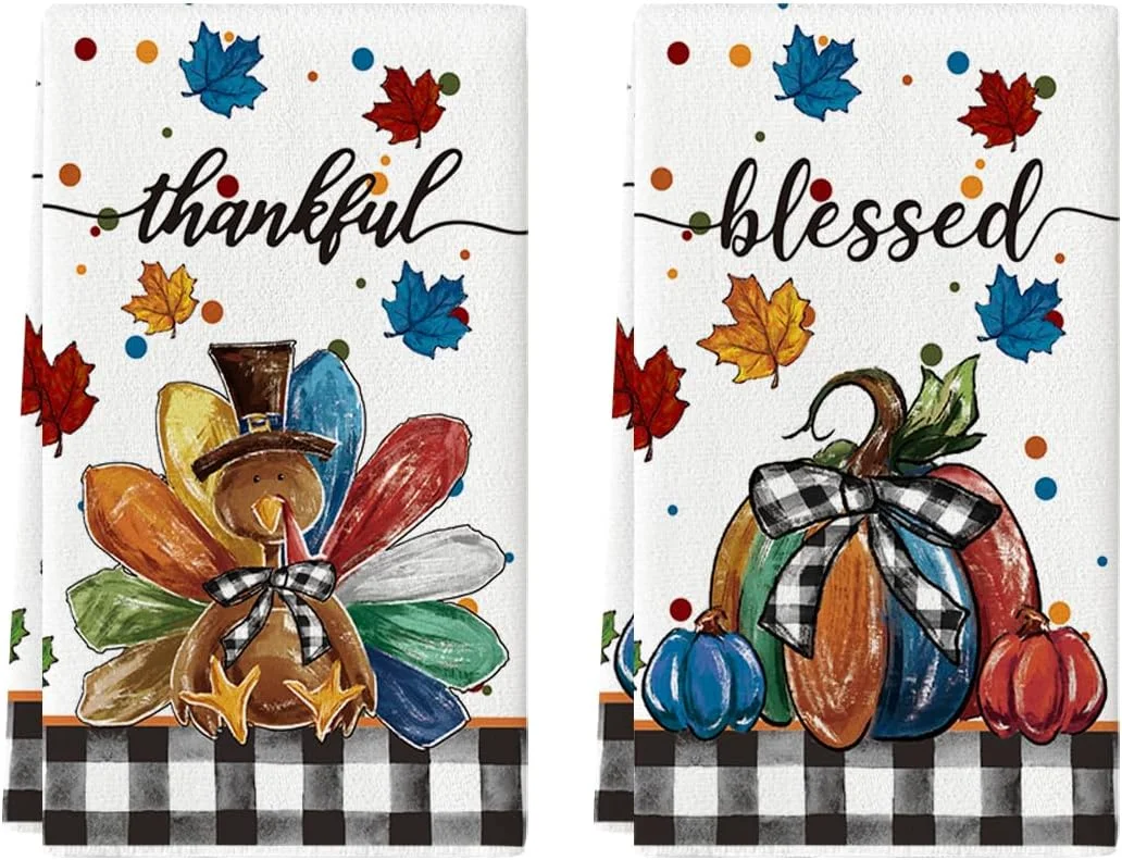 2Pcs Thanksgiving Blessing Turkish Buffalo Plaid Pumpkin Kitchen Towels, Washable and Reusable Household Cleaning Cloths, Thanksgiving Table Decoration Hand Towels, Thanksgiving Gift Napkins
