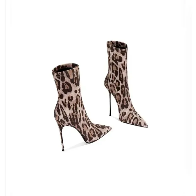 Brown Leopard Print Midsole Boots With Sexy Pointed Toe and High-End Elastic Feel for Women