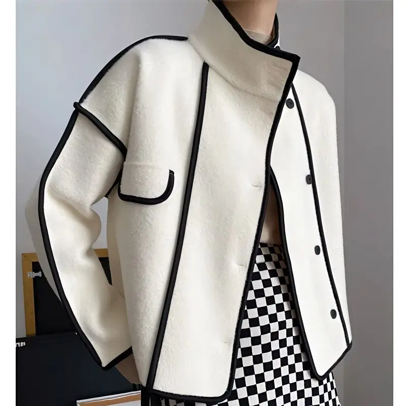 

Fashion Coats for Women Loose Standing Collar Solid Short Women's Jacket Contrast Color Design White Black Autumn Outerwear