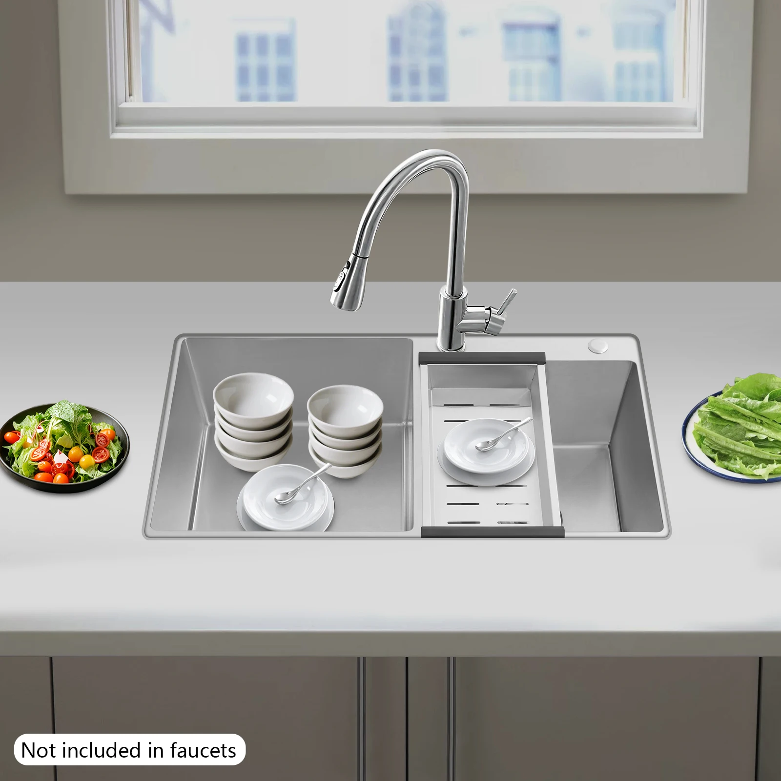 

Stainless Steel Double-Basin Kitchen Sink, Equipped with a Draining Basket and a U-Shaped Sewer Downpipe for Bars and Kitchens